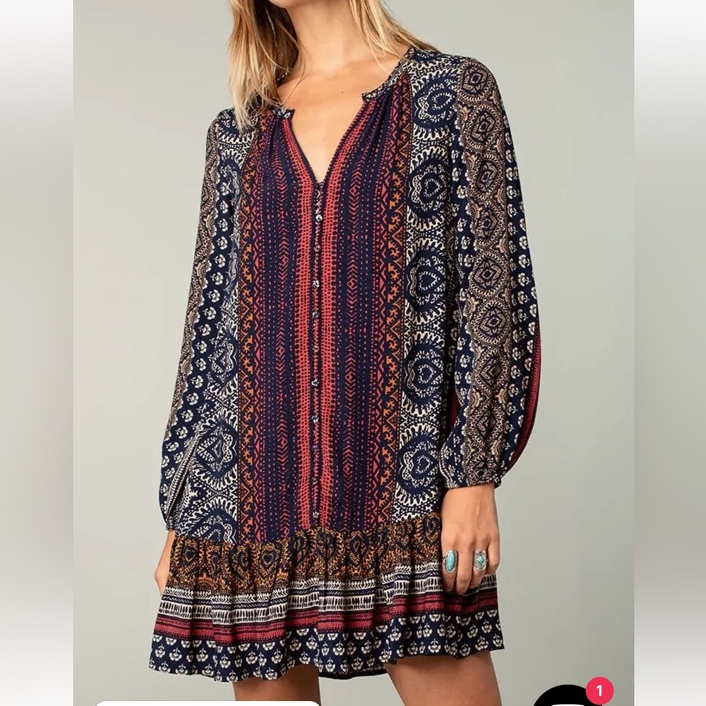 Lovestitch Lorelai Navy and Wine Long Sleeve mini Dress Viscose/Rayon Loose Fit
